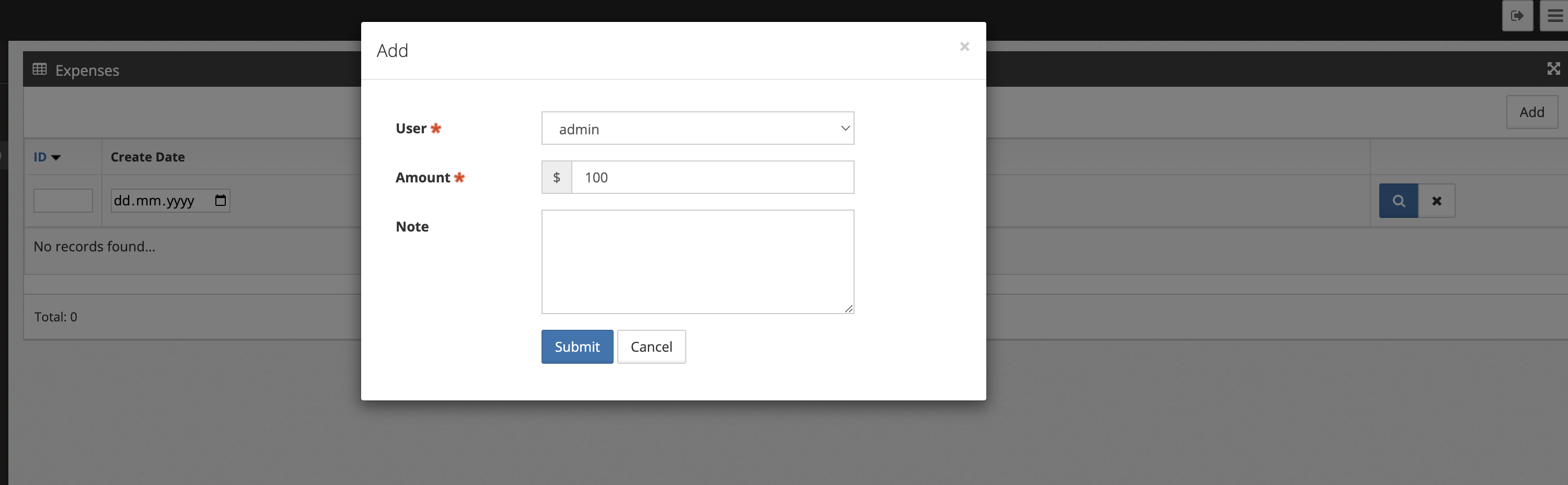 Expenses DGS Add Form